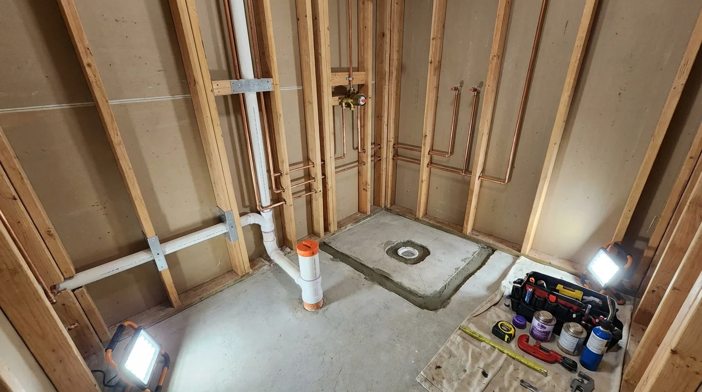Bathroom rough-in plumbing during remodel by Johns Plumbing LLC in Caraway