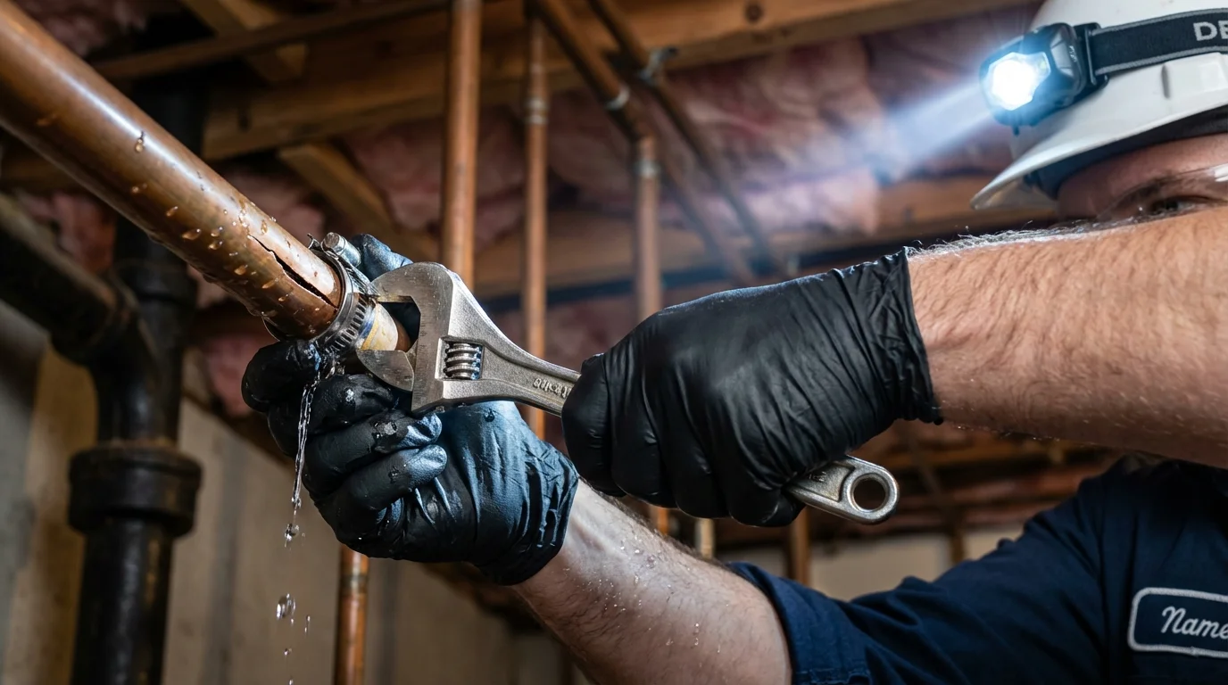 Emergency pipe clamp repair being performed by a Johns Plumbing LLC plumber in Caraway