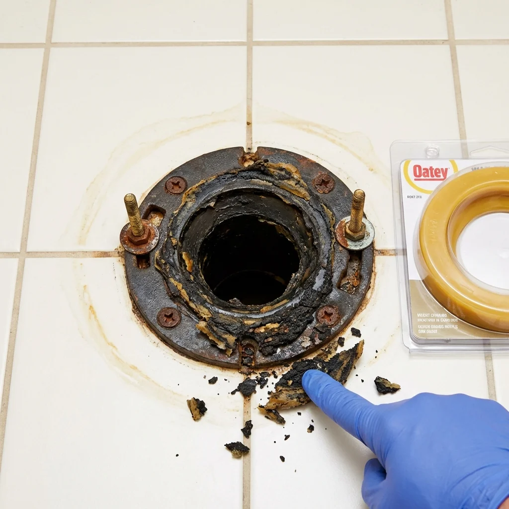 Failed wax ring showing water seepage at the base of a toilet in a Caraway, AR home