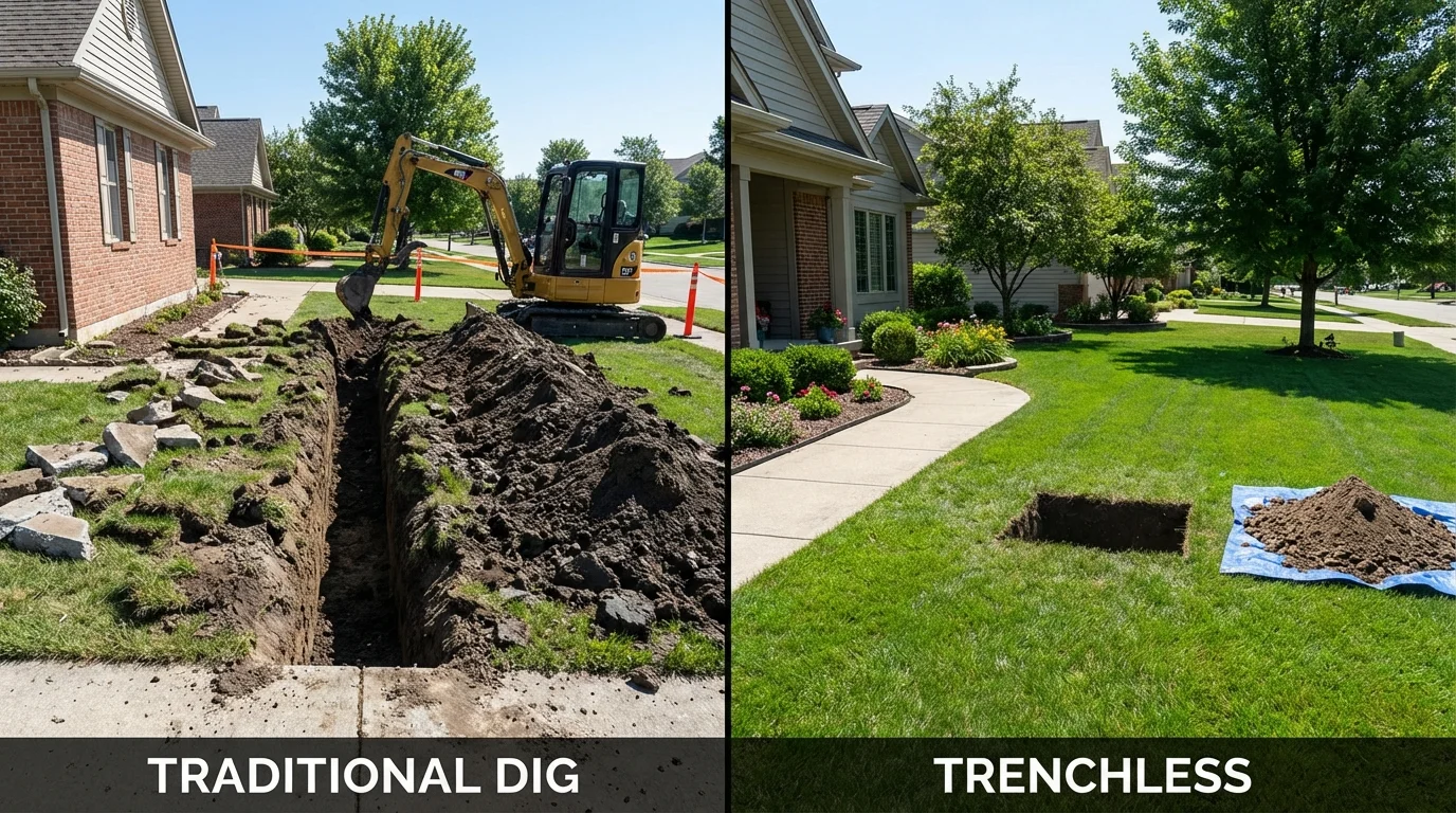 Trenchless sewer repair with minimal yard damage versus traditional excavation in Caraway, AR